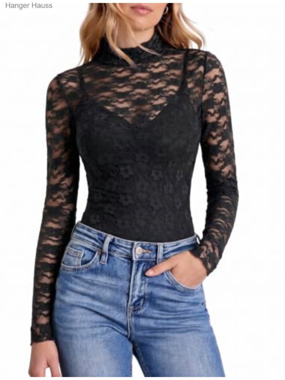 Long Sleeve Lace Bodysuit Top Mock Neck Spaghetti Strap Two Piece Set